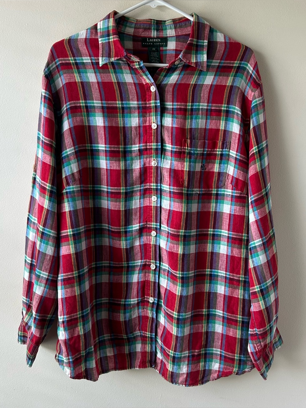 Lauren Ralph Lauren Linen Button Up Shirt Top Plaid Red Green Blue 2X
